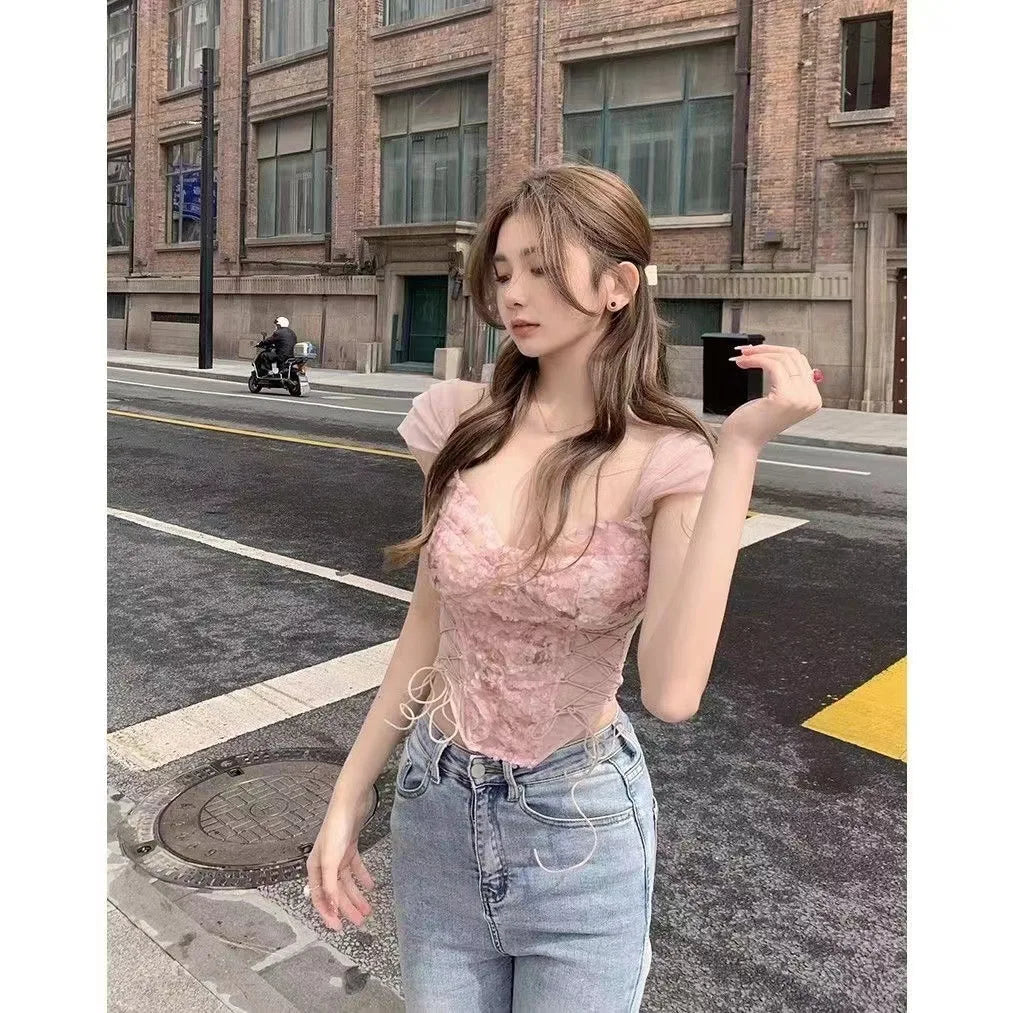 Women Corset Top Y2K Clothes Lolita Ruffles Flower Lace Tank Top Summer French Tube Tops Cute Clothes Pink Crop Tops