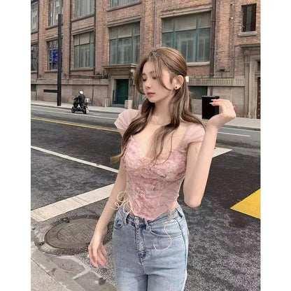 Women Corset Top Y2K Clothes Lolita Ruffles Flower Lace Tank Top Summer French Tube Tops Cute Clothes Pink Crop Tops