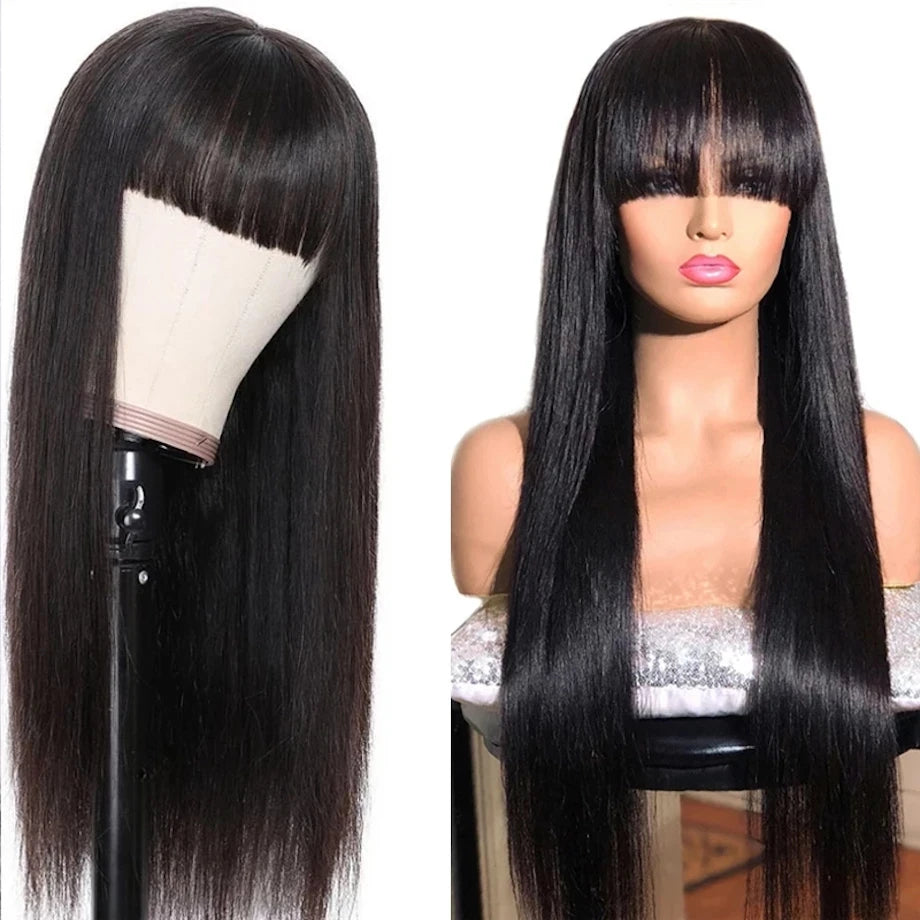 Wig With Bangs Bone Straight Human Hair Wigs For Women Brazilian Natural Cheap Full Machine Made Wigs 22 24 Inch Long Wig