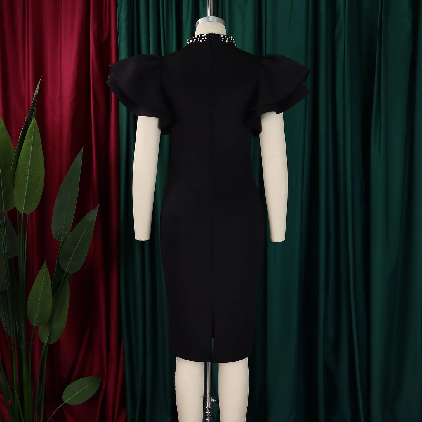 Elegant Dresses for Women O Neck Ruffles Sleeve Beaded Sheath Package Hips Mid Calf Luxury Birthday Party Dinner Vestidos Mujer