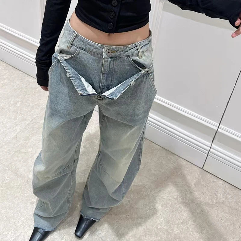 Women's Jeans, Double Waistband Washed Scimitar Work Pants, High Quality Cotton Wide Leg Pants, 2025, Spring, New, y2k
