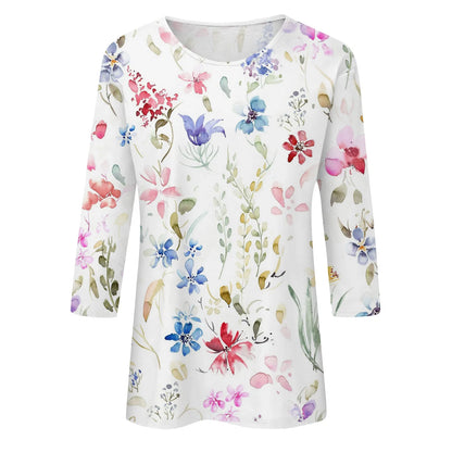 2024 Women Summer Tops Comfortable T Shirt Fashion Flower Print Round Neck 3/4 Sleeve Tops Soft Versatile Pullover Ropa De Mujer