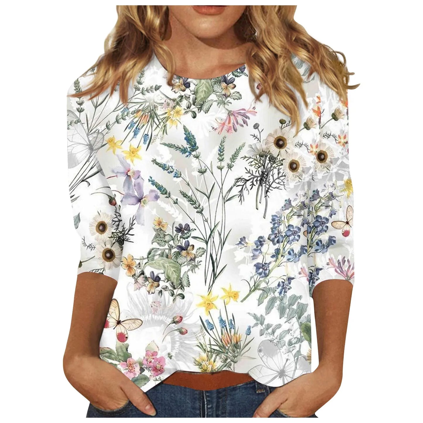 2024 Women Summer Tops Comfortable T Shirt Fashion Flower Print Round Neck 3/4 Sleeve Tops Soft Versatile Pullover Ropa De Mujer
