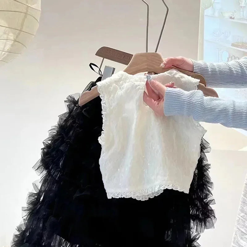 Skirts Sweet Girls Korean New Lace Flower Edge Vest Tops Mesh Yarn Tide Princess Half Length Skirt Tide 2024 Simple Fashion