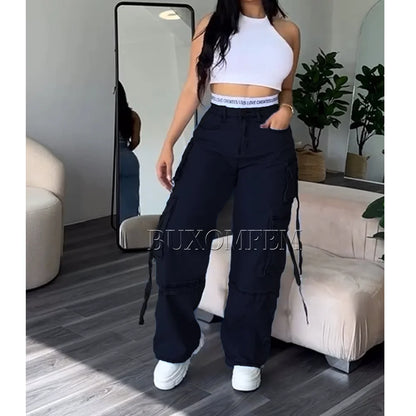 Women's Multi-Pocket Jeans, Retro Splicing, Drawstring, Cool Girl Trousers, Loose Casual Streetwear, New Bottoms, Fashion