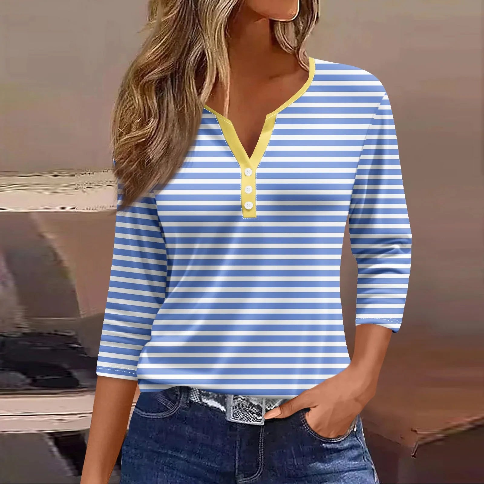 Tops For Women Women'S T Shirt Tee Print Button 3/4 Sleeve Daily Weekend Fashion Basic V Neck Regular Top Ropa De Mujer New