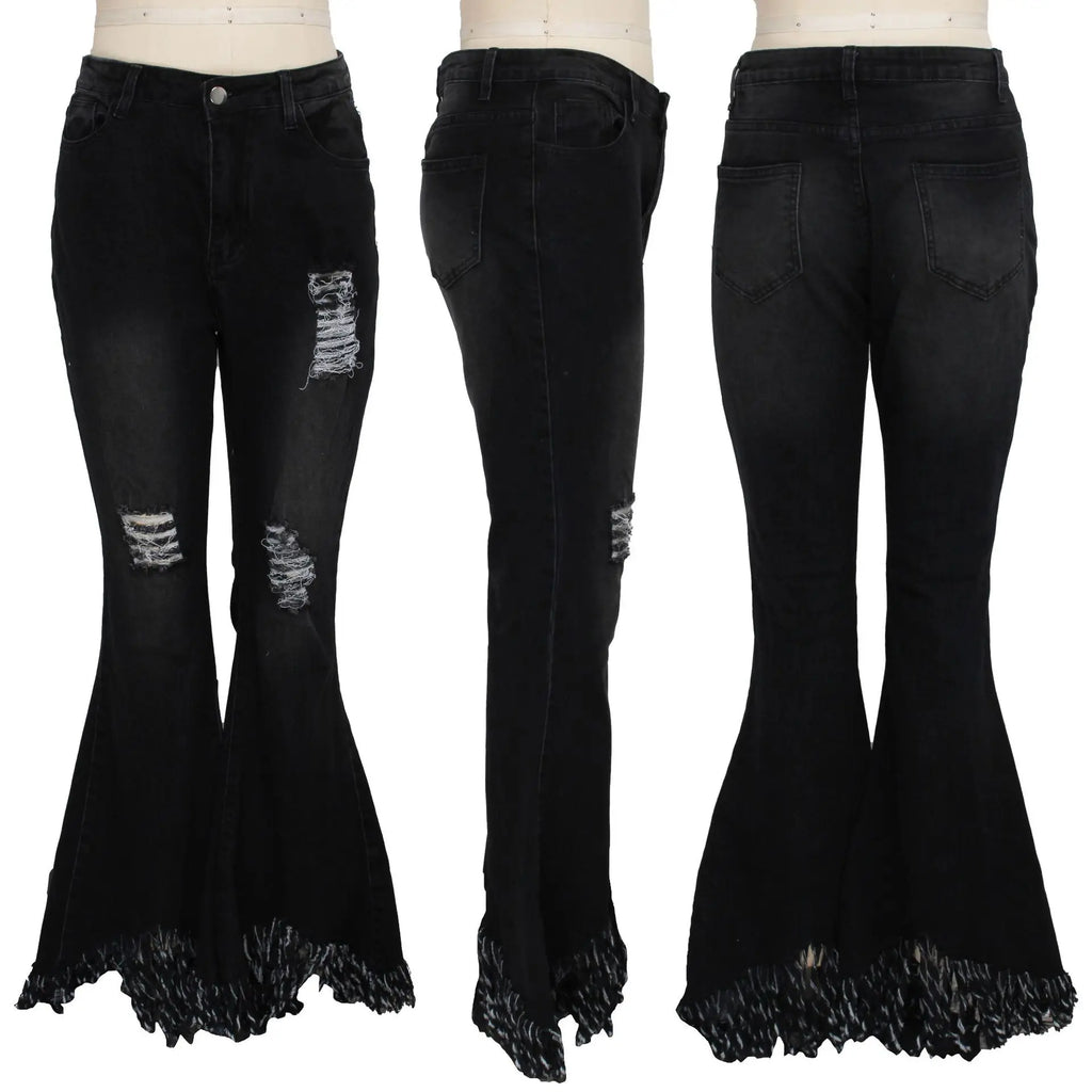 Jeans Women Long Pants Flare Pant Slim Fit Bodycon Y2k Streetwear Casual Elegant Splice Denim Trousers Solid Hole High Waist