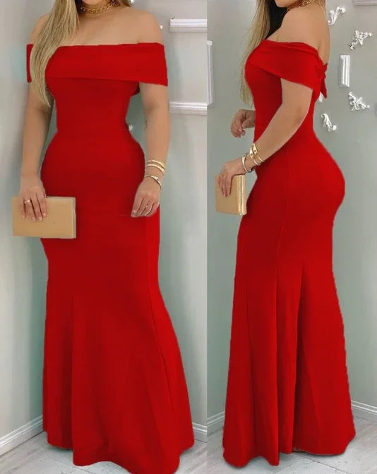 Women's Evening Dress 2025 Spring/summer Red short sleeve Ruffle Hem Bodycon Dress Wrap Hip High Waist Party Tight Maxi Dress
