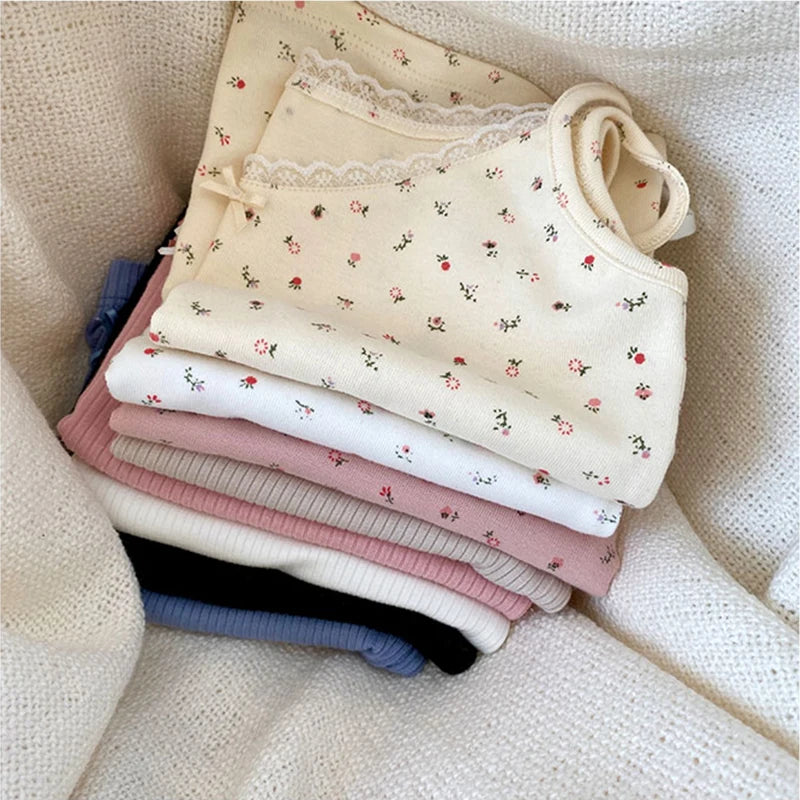 Women Tops Summer Girls Tops Short Slim Lace Sweet Print Crop Top Ladies Bottoming Cute Tops Top Mujer Top Femme