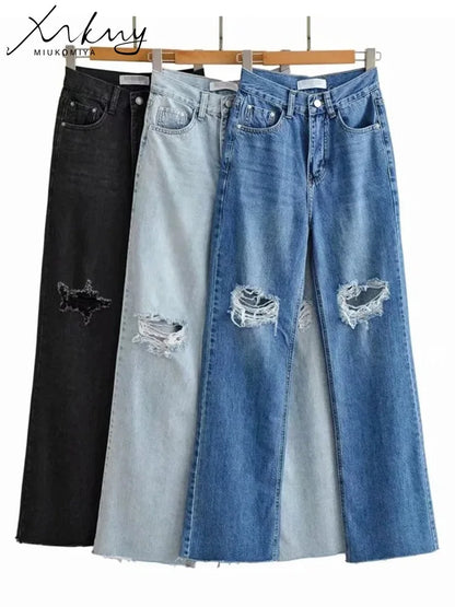 MiuKoMiYa Ripped Jeans For Women 2023 Streetwear Straight Denim Pants High Waist Long Denim Trousers Women Hollow Out Jeans