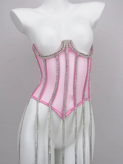 Women Tunic Bras In Waist Corset Tops Fashion Diamond Luxury Diamond Tassel Corset Slim Vest Sexy Tmesh Sheer Top Female 2025