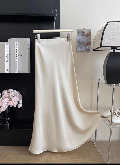 Long Skirts for Women High-waisted Thin Satin Acetate Silky Fishtail Skirt Korean Fashion Clothing Elegant Women's A-line Skirt