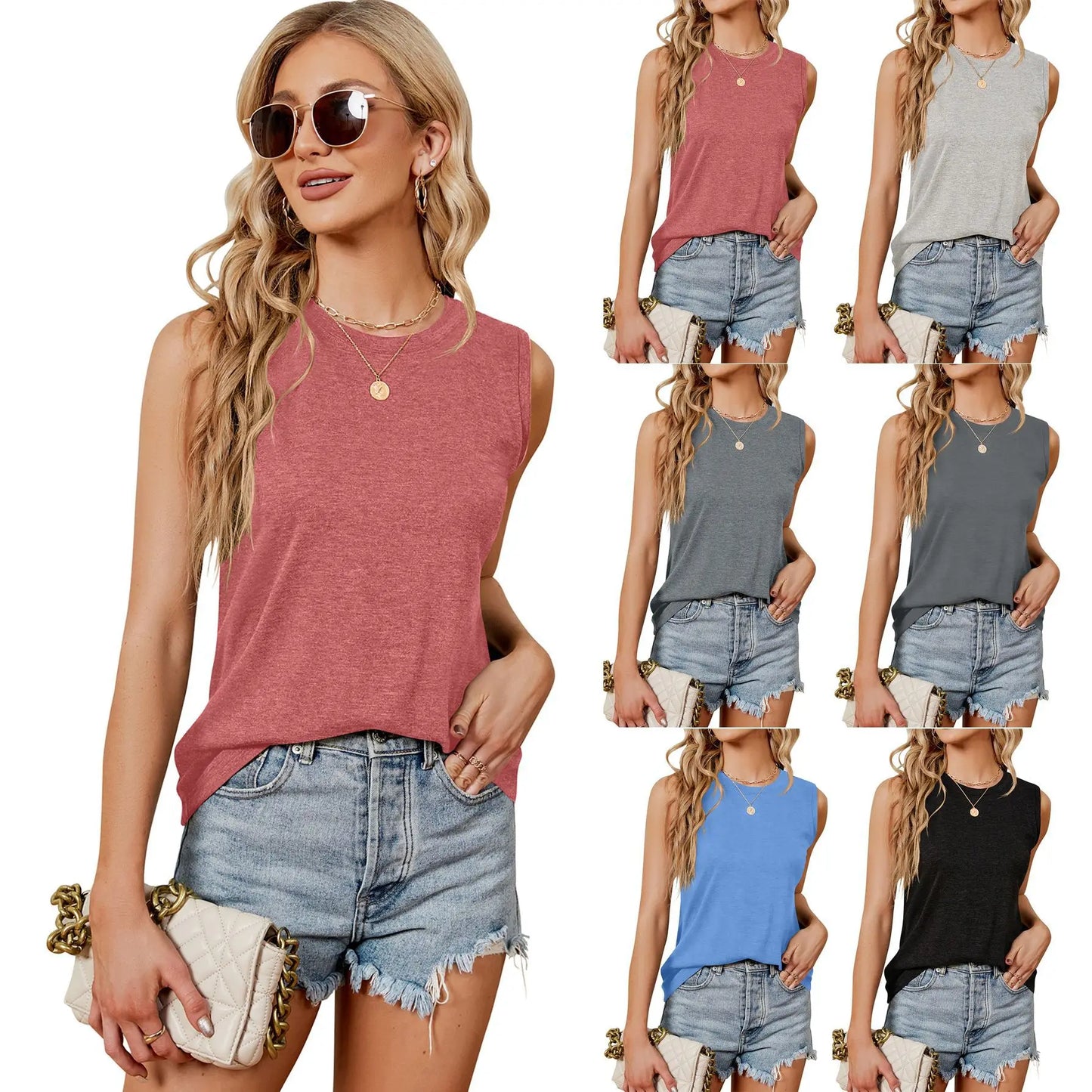 2024 New Summer Women's Tops Female Y2K Loose Knit Sleeveless Round Neck Shirt Women's Elastic Vest Pure Color Soft Vest