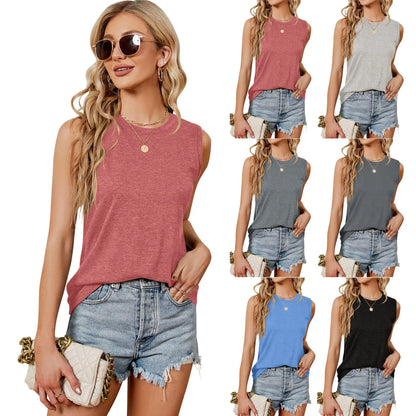 2024 New Summer Women's Tops Female Y2K Loose Knit Sleeveless Round Neck Shirt Women's Elastic Vest Pure Color Soft Vest