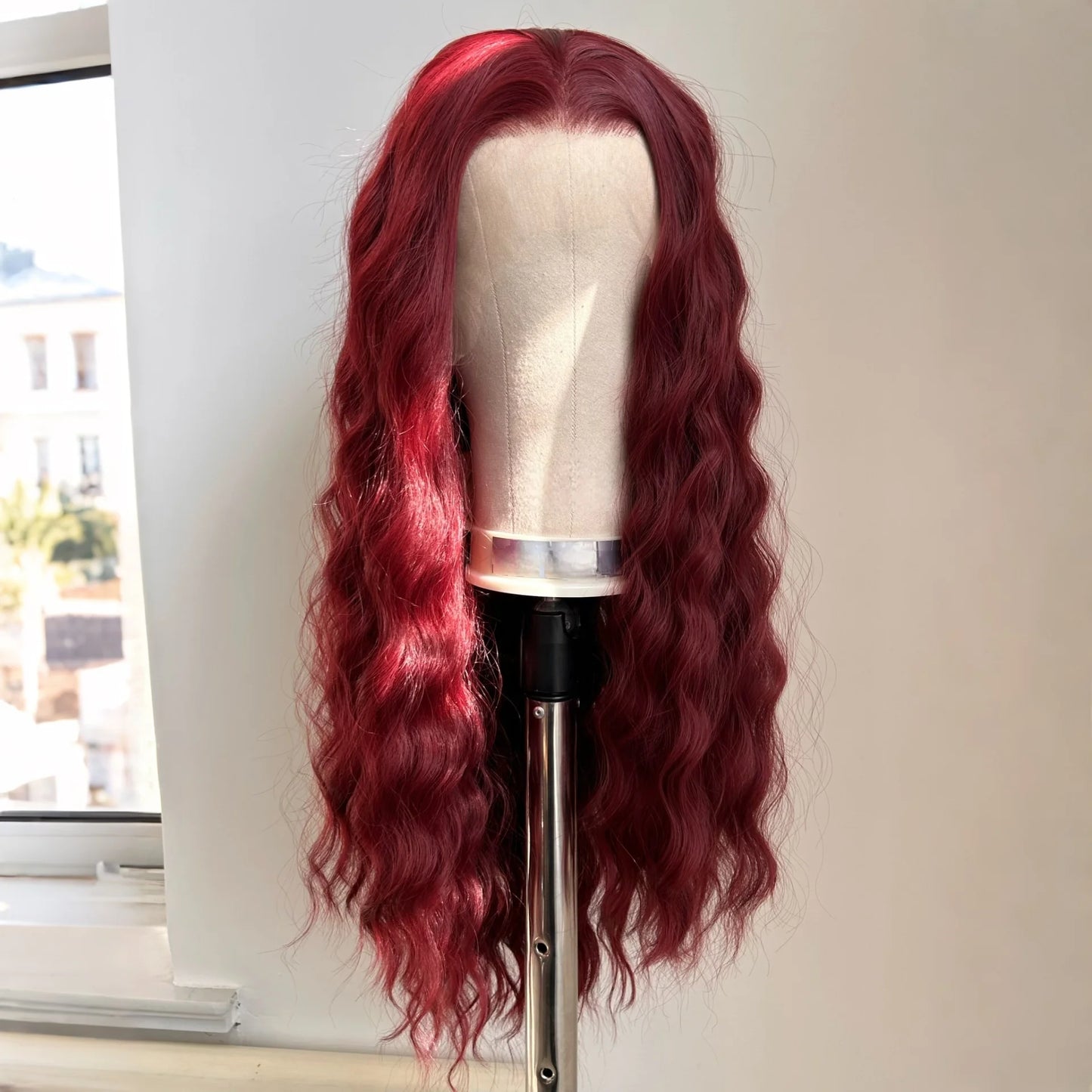 Long Wine Dark Red Wavy for Women Synthetic Free Part Loose Curly Burgundy Heat Resistant Fiber Wigs for Daily Party Cosplay