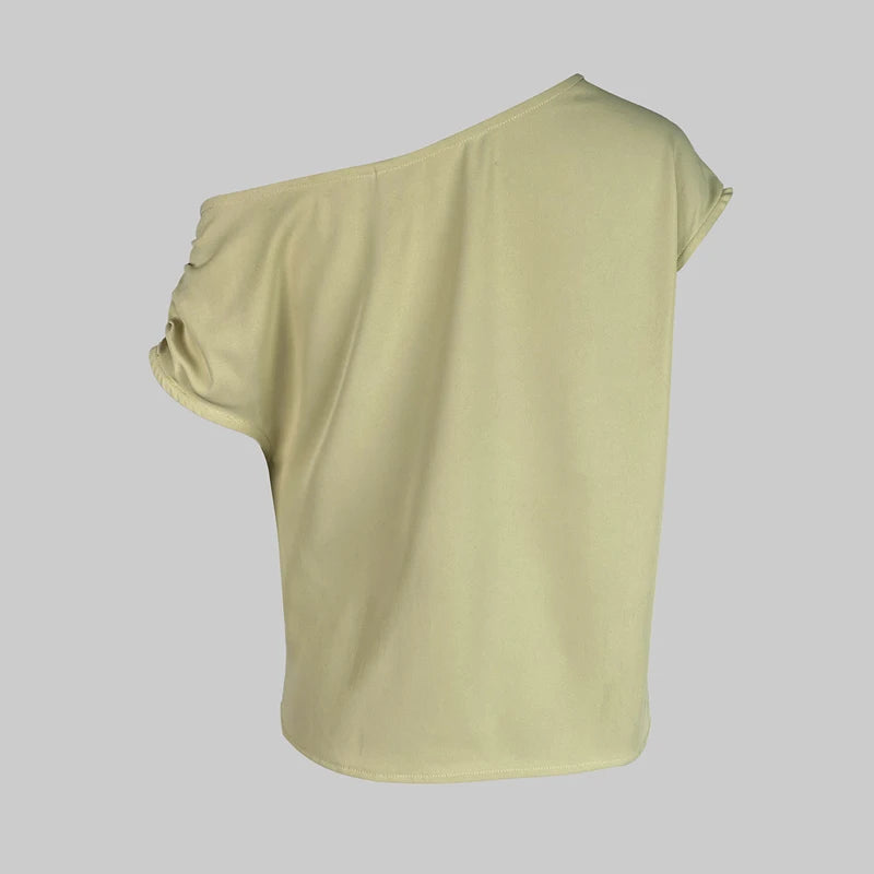 Beautyblue Turmeric Women's Tops One-Shoulder T-Shirts 2025 New Fashion Pleated Slanted Shoulders Sexy Loose Summer Tee Female