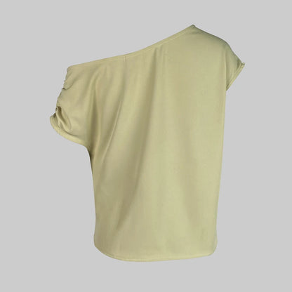 Beautyblue Turmeric Women's Tops One-Shoulder T-Shirts 2025 New Fashion Pleated Slanted Shoulders Sexy Loose Summer Tee Female