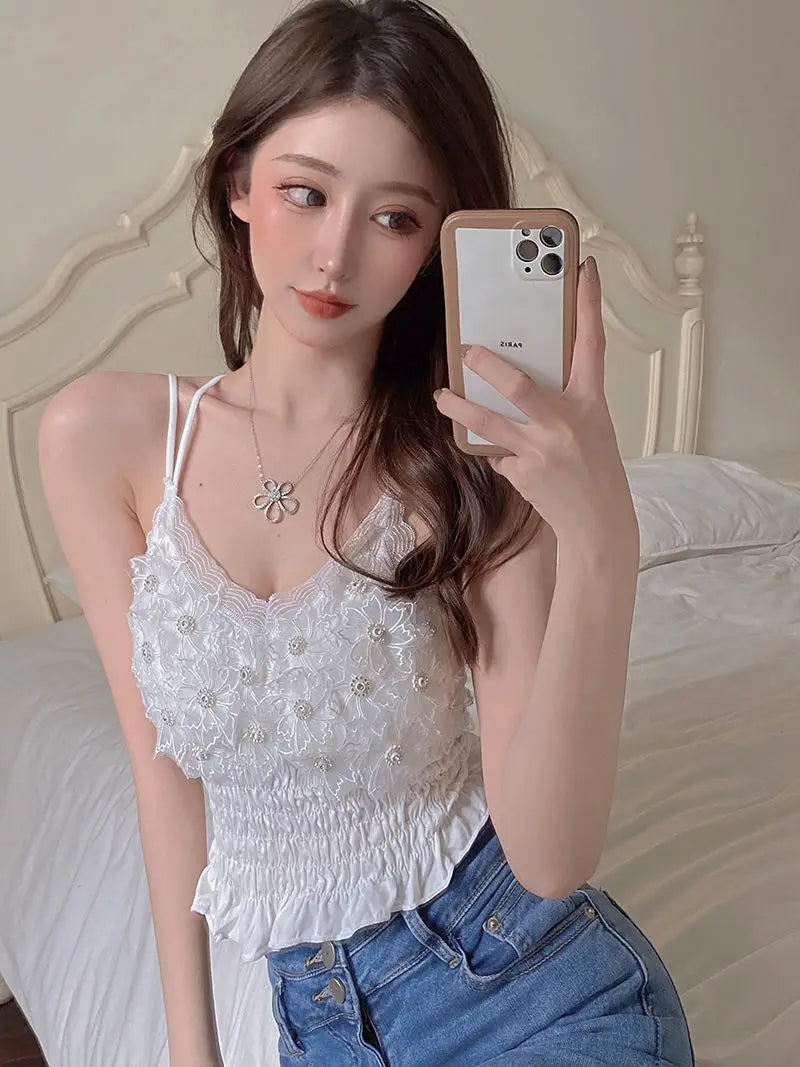 Summer Woman Clothes y2k Tops French Diamond Appliqué Camisole Bottoming Shirt Lace Crop Top Women's Folds Spaghetti Strap Tops