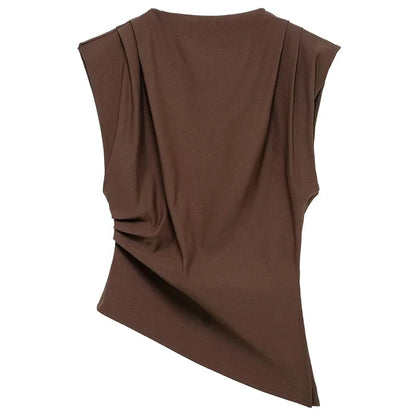 TRAF Ruffled Asymmetric Tops For Women Tanks & Camis Summer 2025 Burgundy Brown Black Tank Tops Ruched O-Neck Sleeveless Vests