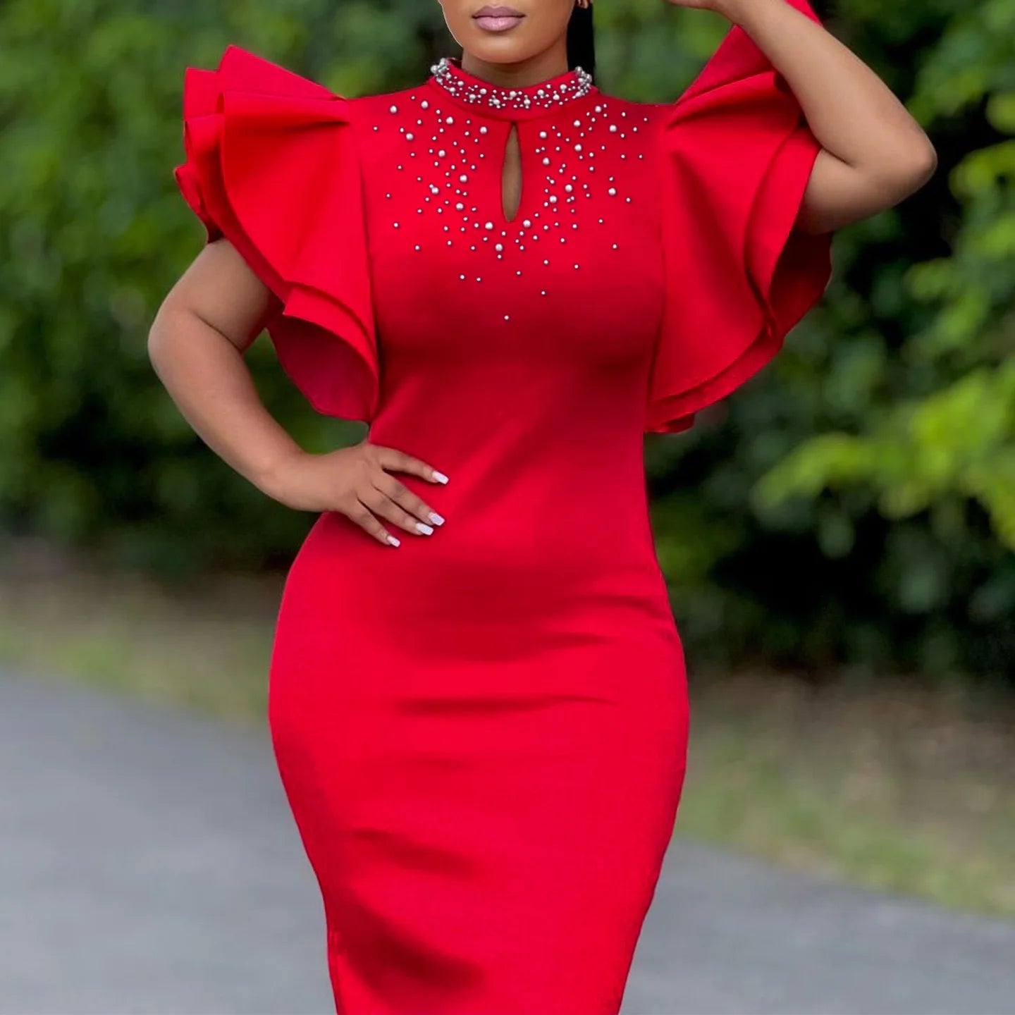 Elegant Dresses for Women O Neck Ruffles Sleeve Beaded Sheath Package Hips Mid Calf Luxury Birthday Party Dinner Vestidos Mujer