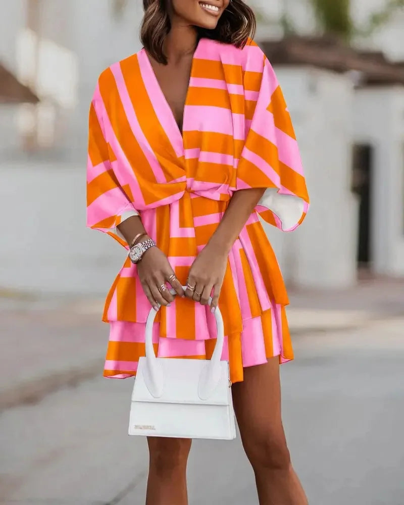 Women Dresses Fashion Vacation Sundress Women's Bat Sleeve Ruffles Dresses Summer Irregular Mini Dress