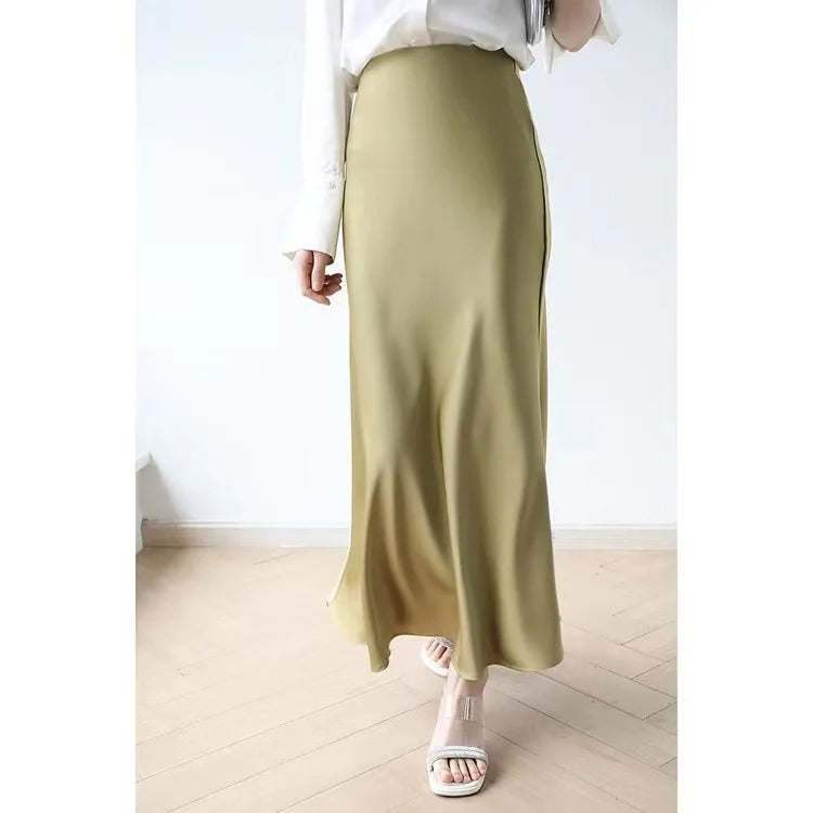 Long Skirts for Women High-waisted Thin Satin Acetate Silky Fishtail Skirt Korean Fashion Clothing Elegant Women's A-line Skirt