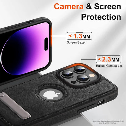 Leather Phone Case for iPhone 15 14 Pro Max Plus 13 12 11 Mobile Cases with Slim Metal Kickstand Soft Grip Luxury Back Cover