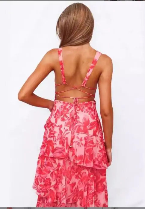Women's Dresses Sexy Hanging Neck Dress Summer Ladies Chiffon Ruffled Hem Dress Fashion Beach Vacation Dress for Female 2025 New
