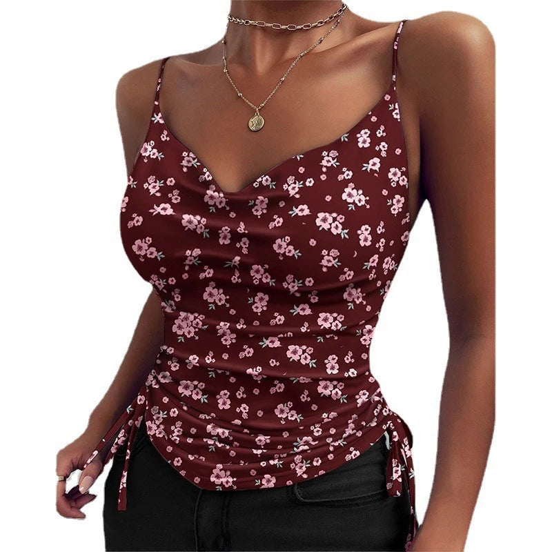Women Tank Top V Neck Camisole Cami Drawstring Spaghetti Strap Top Loose Sleeveless Blouses Tank Shirt Summer Crop Top
