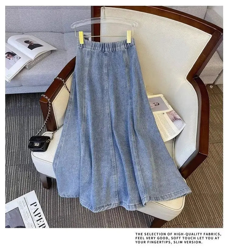 Denim Skirt For Women 2025 New High Waisted A-line Umbrella Skirt Versatile  Spring  Summer Elastic Waist Long Jean Skirt