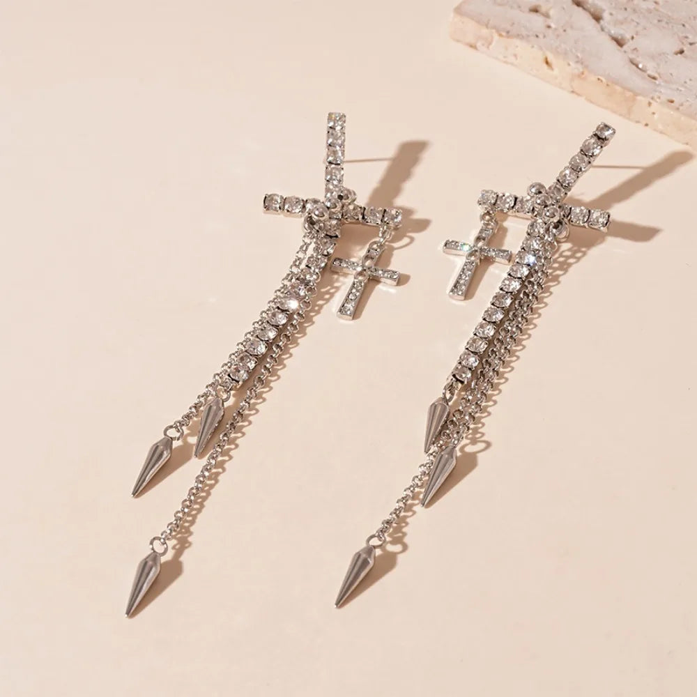 Inlaid Rhinestones Cross Earrings Exquisite Fashion Long Tassels Dangle Earrings Exaggerate Temperament Ear Stud Girls