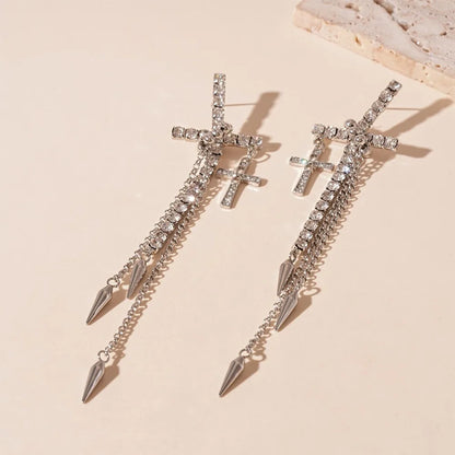 Inlaid Rhinestones Cross Earrings Exquisite Fashion Long Tassels Dangle Earrings Exaggerate Temperament Ear Stud Girls