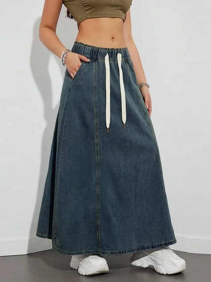 Harajuku Denim Skirt y2k Aesthetic Elastic Drawstring High Waist A Line Flare Jean Skirt Ladies Vintage Skirts Streetwear