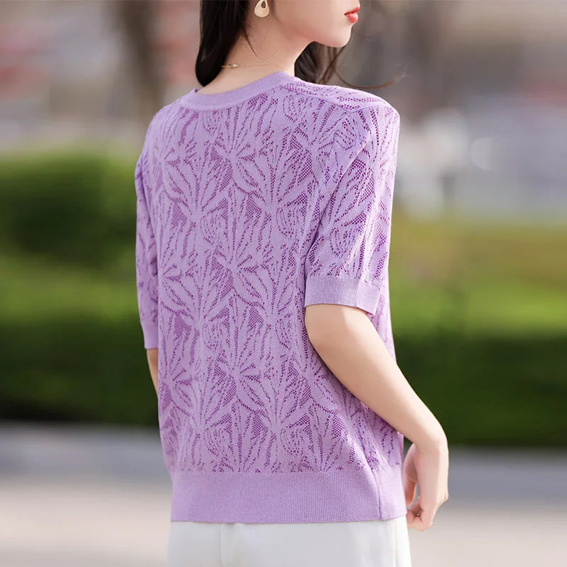 T-shirt Women Tops Summer 2025New Clothing Body O-neck Half Sleeve Tees Shirt  Solid Color Maple Leaf Pattern Casual Fashion Top