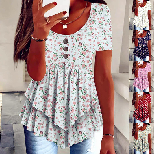 Women Summer Tops Tees Sexy Vintage Blouse Cotton Ruffles Short Sleeve Shirt Ruffles T Shirts Loose Casual Tees