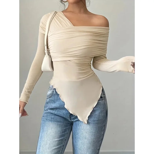 Women's Tops Summer Casual Fashion V-Neck Long Sleeve Strapless Top T-Shirt Women Clothing Feminist Shirt Harajuku Y2k Top