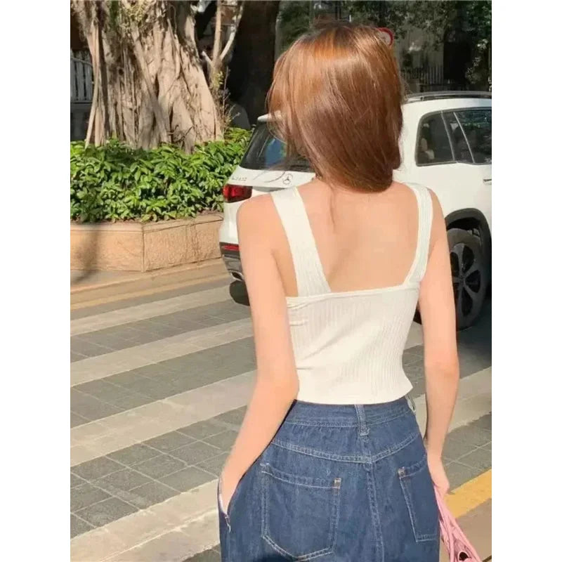 2025 Women's Cropped Tops with Bra Pads Summer Corset Korean Suspenders Vest Sexy Camisole Slim