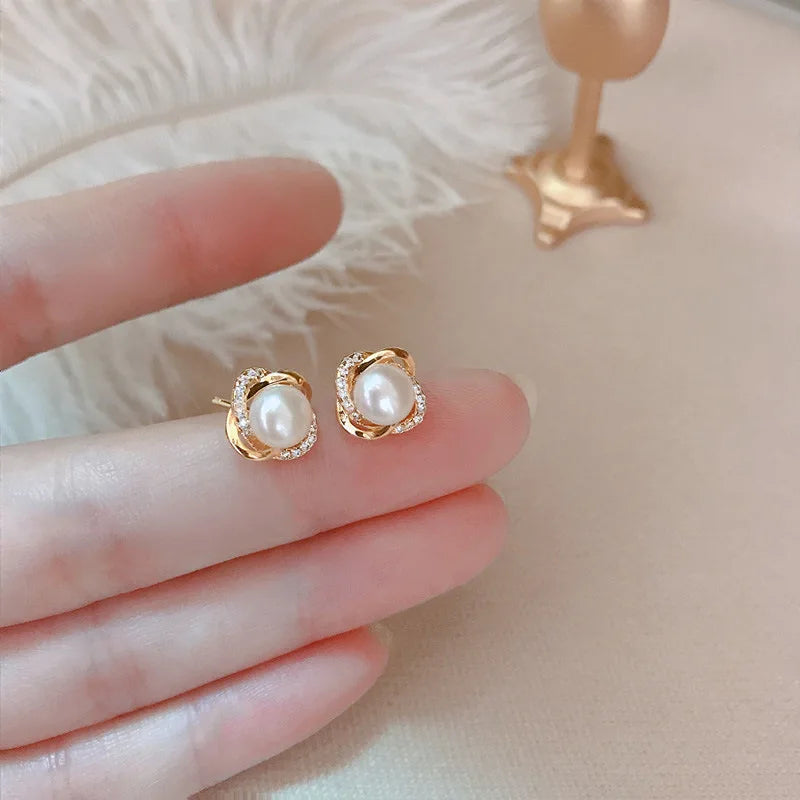Upscale 14k Gold Jewelry Real Gold  Earrings Zircon Pearl Twist Luxury Stud Earrings for Women Brincos Pendientes Bijoux