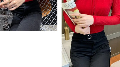 Tops Woman Autumn Winter Red Long Sleeve T Shirt for Women Rhinestone Turtleneck Glitter Sequin Cheap Clothes Elegant Clearance