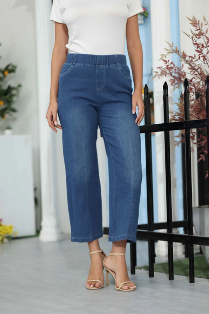 Women Seamed Front Wide Leg Jeans Elastic Waist Stretch Denim Flare Jeans High Waisted Jean Bell Bottom Cropped Pants pantalones
