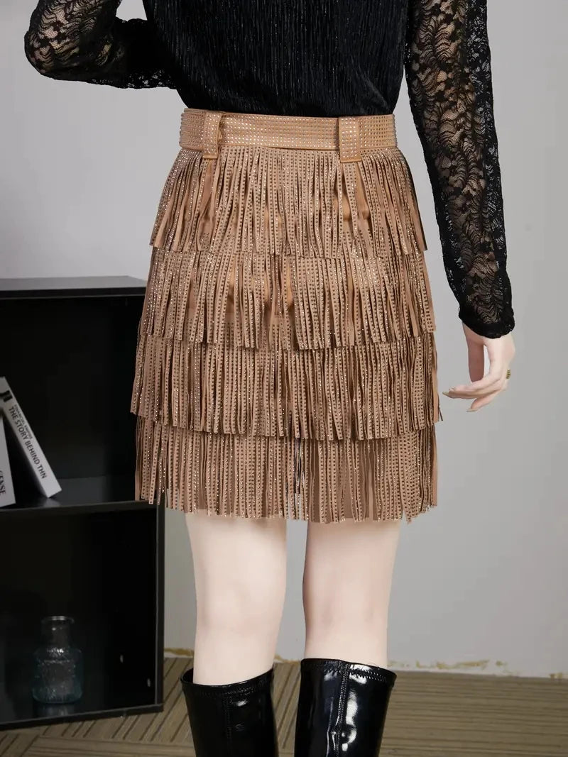 Women Skirt Fashion 2025 New Autumn High Waist Belt Multi Layer Short  Heavy Drilling Rhinestones Fringed Skirt with Cake A Line