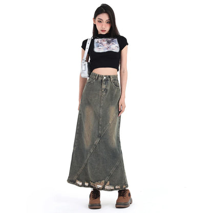 Women Denim Skirt Y2k Emo 2000s Clothes Long Skirt Harajuku Korean 90s Fashion Vintage Gradient A-line Jean Skirt Grunge Clothes