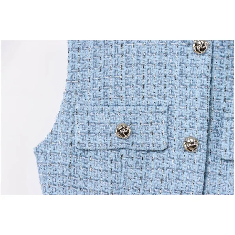 Women's Tweed Waistcoat With Belt, O Neck, Sleeveless, Front Button, Female Outerwear, Chic Tops, Fashion