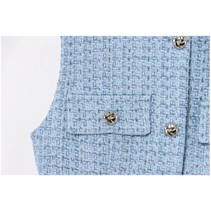 Women's Tweed Waistcoat With Belt, O Neck, Sleeveless, Front Button, Female Outerwear, Chic Tops, Fashion
