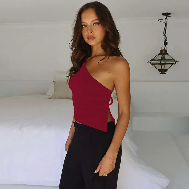 Women's Sexy Off Shoulder Crop Tops Women Summer Sleeveless Backless Lace-Up T-Shirts Woman 2025 New Hot Sale Irregular Slim Tee