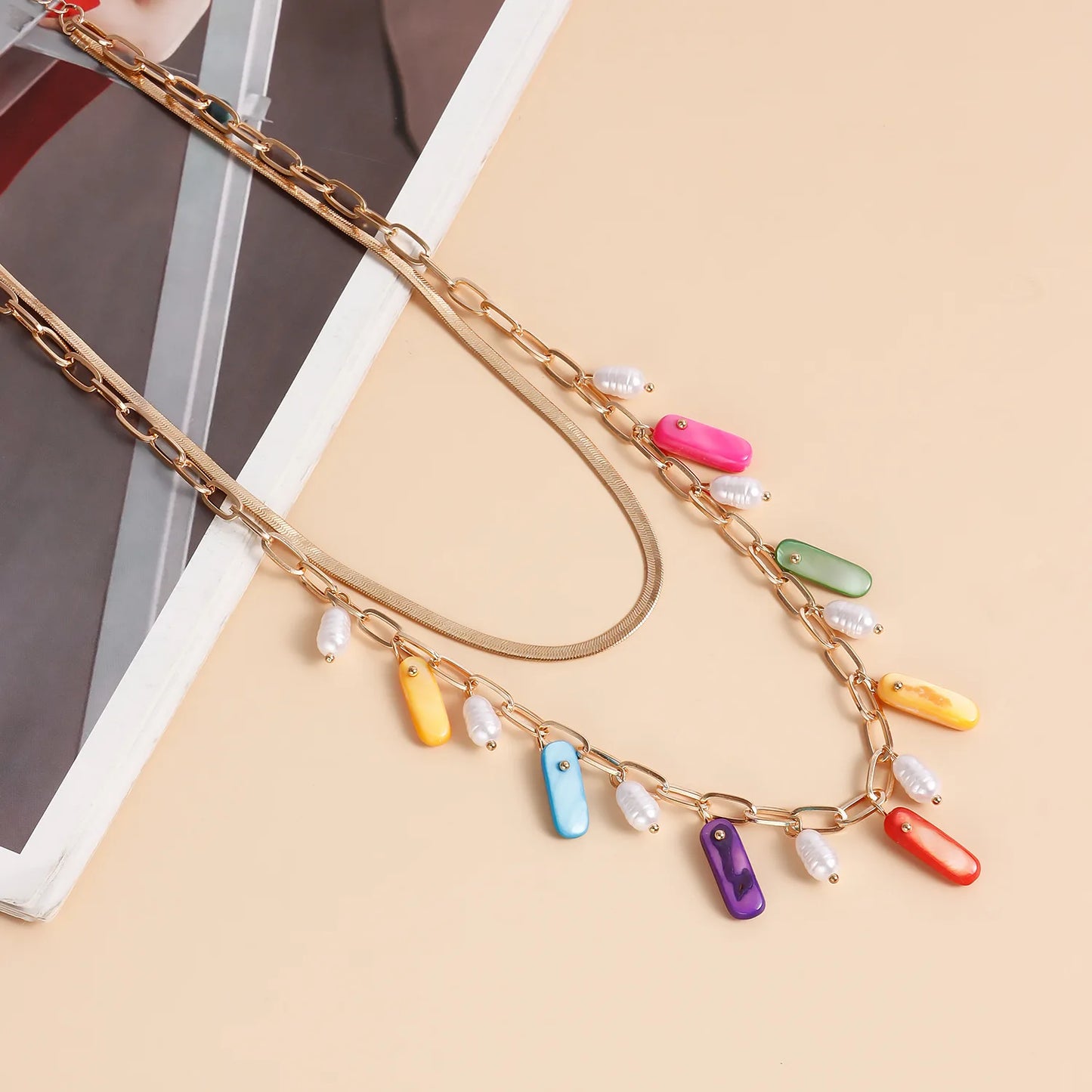 Women's pendant necklace natural geometric fashion imitation pearl jewelry color shell clavicle chain