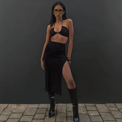 Women Sexy Slim Slit Irregular Skirt Elastic High Waist Pleated A-Line Skirt Summer American Retro Solid Long Shirring Skirts