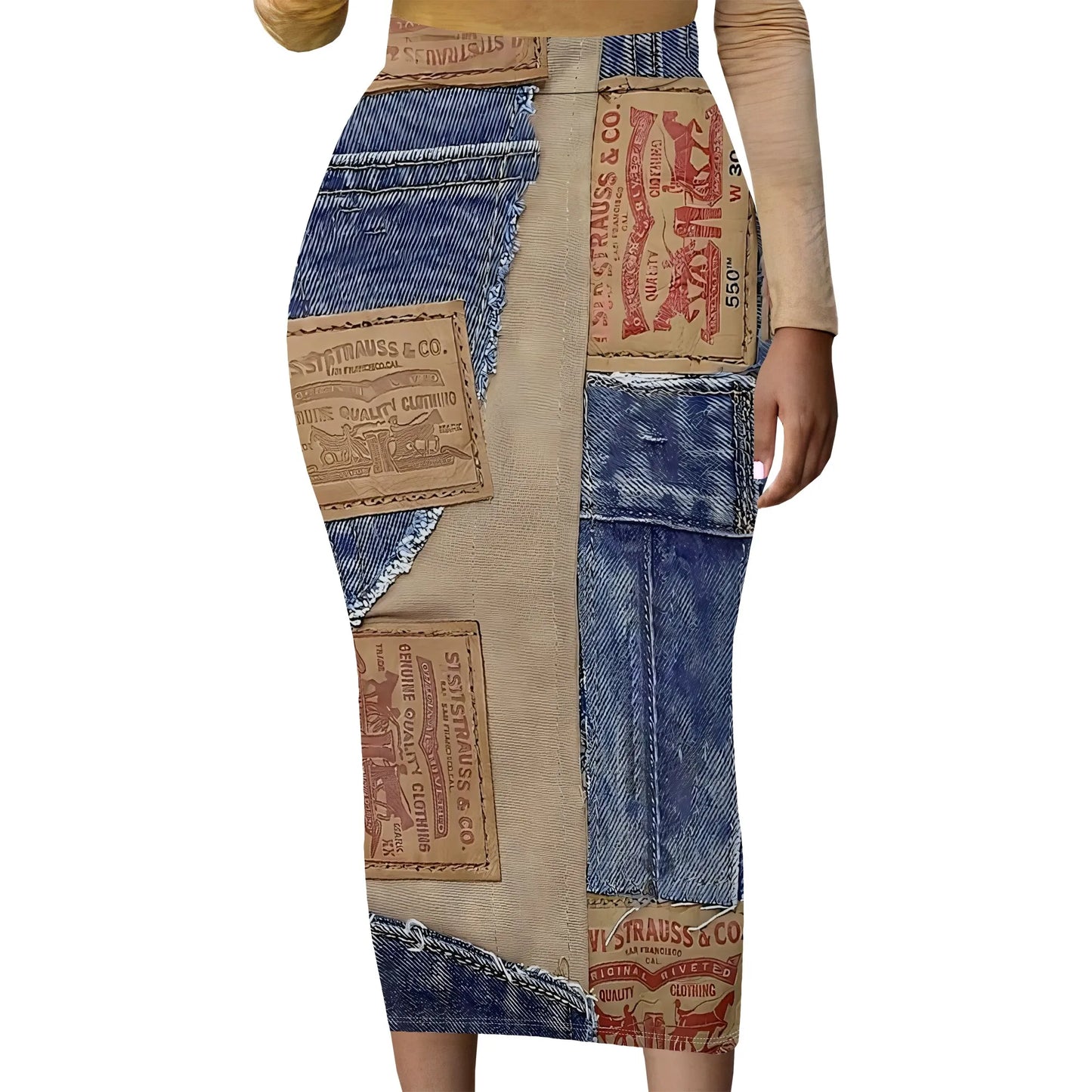 Womens Long Cotton Patchwork Stretch Denim Skirt a Line Flared Jean Maxi Skirt