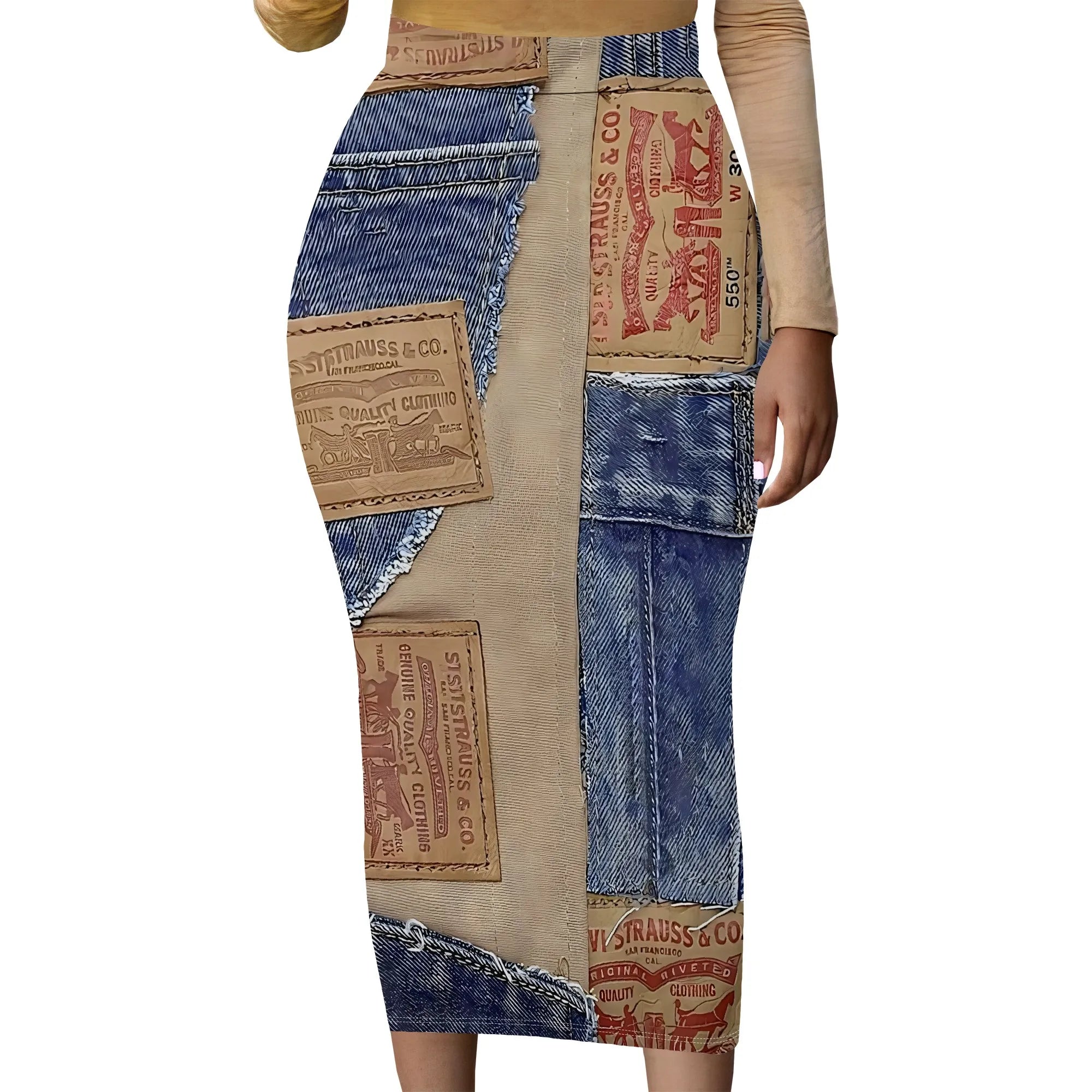 Womens Long Cotton Patchwork Stretch Denim Skirt a Line Flared Jean Maxi Skirt