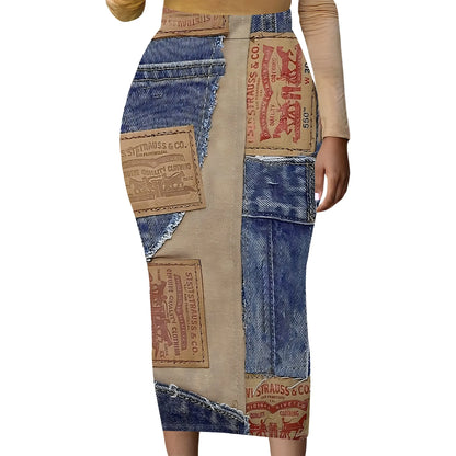 Womens Long Cotton Patchwork Stretch Denim Skirt a Line Flared Jean Maxi Skirt